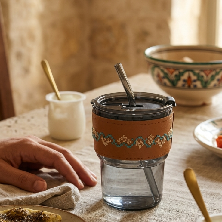 كوب قهوة بارد أنيق يأتي مع حامل جلد مطرز يدويًا