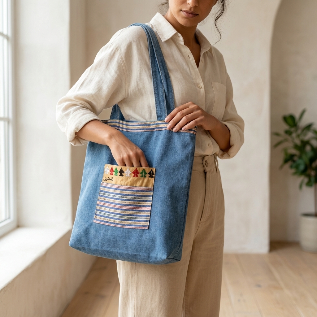 Jeans Tote Bag with Handmade Embroidery