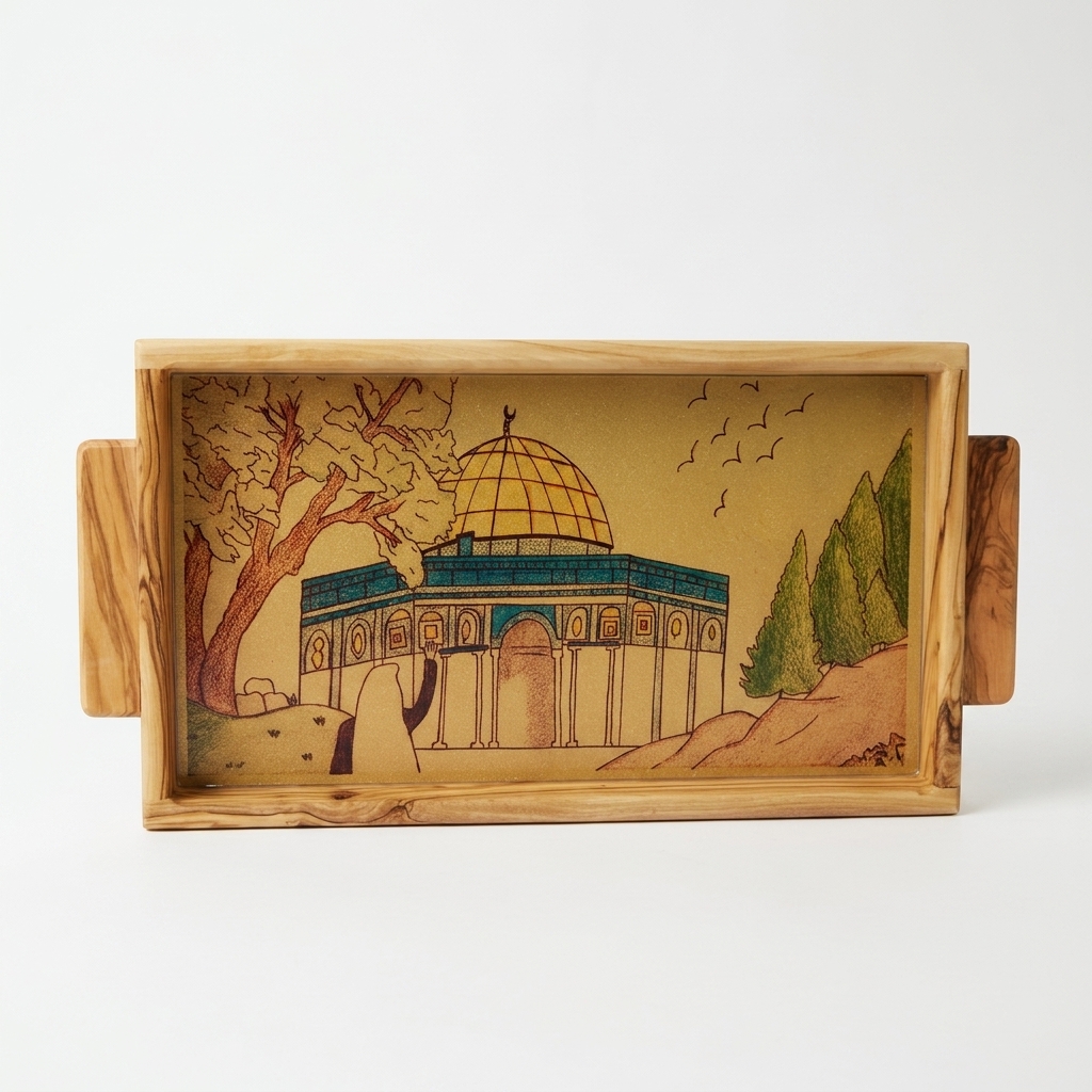 Handmade Olive Wood Tray – Dome of the Rock Artwork by a Young Girl from Jerusalem